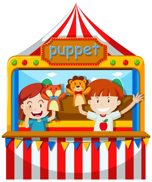 Gyerekek végre puppet show a színpadon — Stock Vector