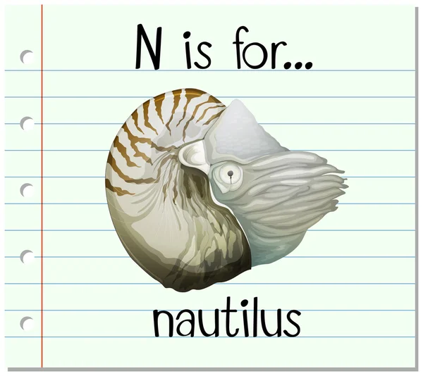 Alphabet de carte-éclair N est pour nautilus — Image vectorielle