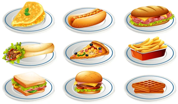Juego de comida rápida en platos — Vector de stock