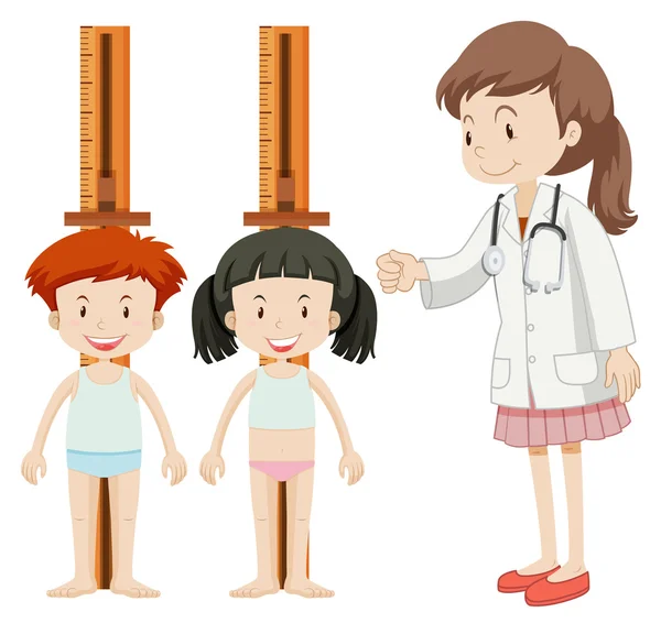 Junge und Mädchen messen Größe — Stockvektor