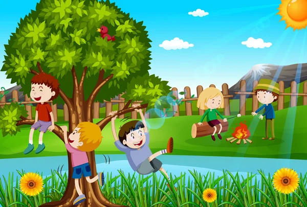 Crianças brincando e acampando no parque — Vetor de Stock