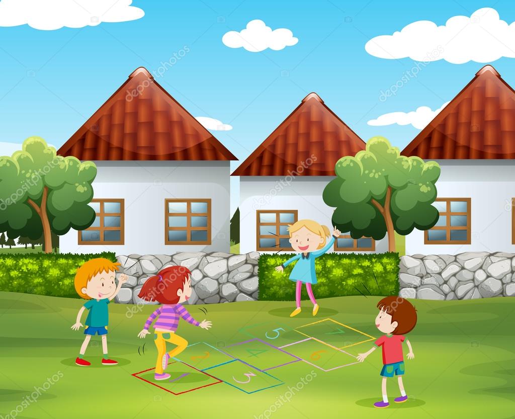 Niños jugando hopscotch en el patio Vector de stock #108804300 de  ©blueringmedia, image size:1024x833