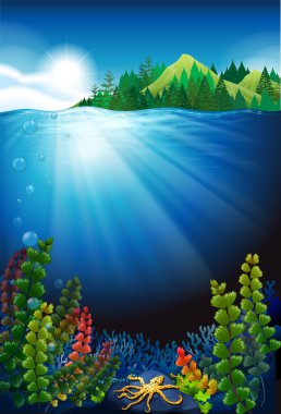 Sahne ile sualtı ve dağlar