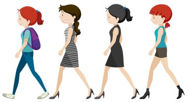 Dört kadın beyaz arka plan üzerinde yürüme