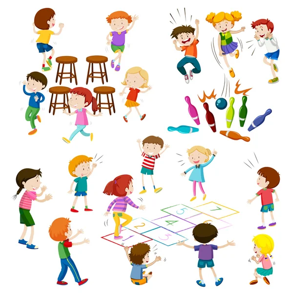 Kinder spielen verschiedene Arten von Spielen — Stockvektor