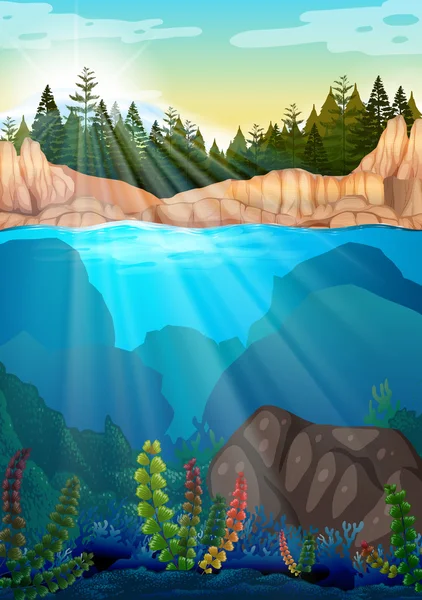 Scene with pine trees and underwater — Stock Vector