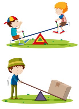 Boys playing seesaw and man lifting box with beam clipart