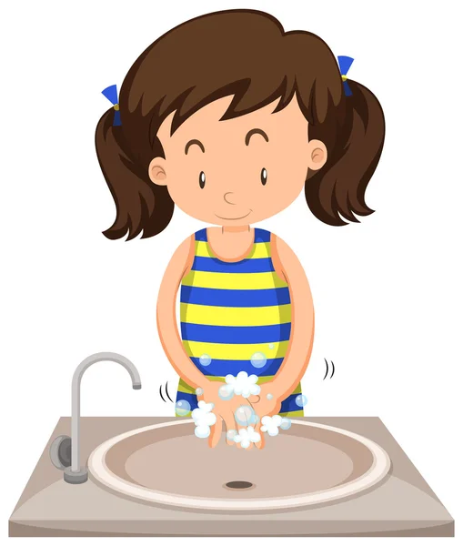 Девушка моет руки в раковине — стоковый вектор