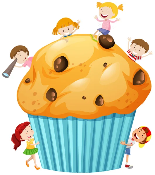 Niños alrededor de muffin gigante — Archivo Imágenes Vectoriales