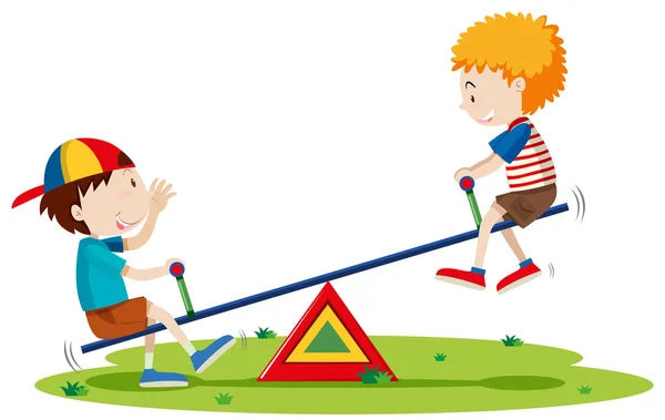 Two boys playing seesaw in the park — Stock Vector