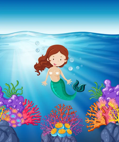 Meerjungfrau schwimmt im Meer — Stockvektor