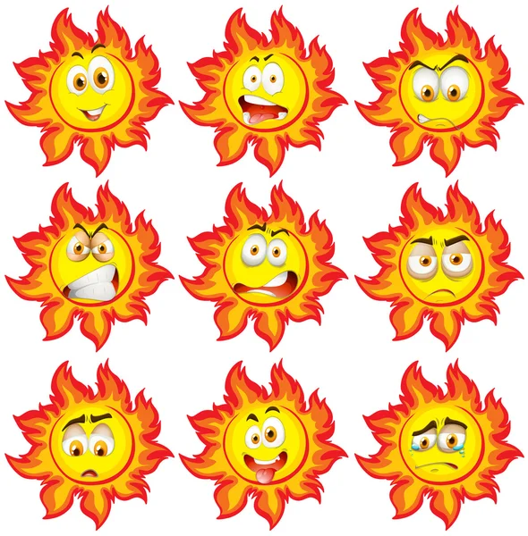 Sun with different facial expressions — Stock Vector