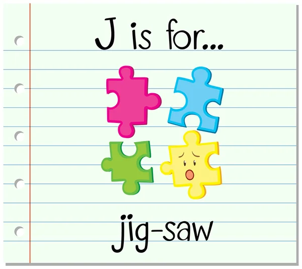 Flashcard bokstaven J är för jigg-såg — Stock vektor