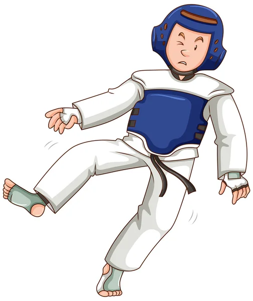 Hombre en traje azul haciendo taekwondo — Vector de stock
