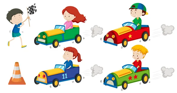 Garçons et filles dans les voitures de course — Image vectorielle