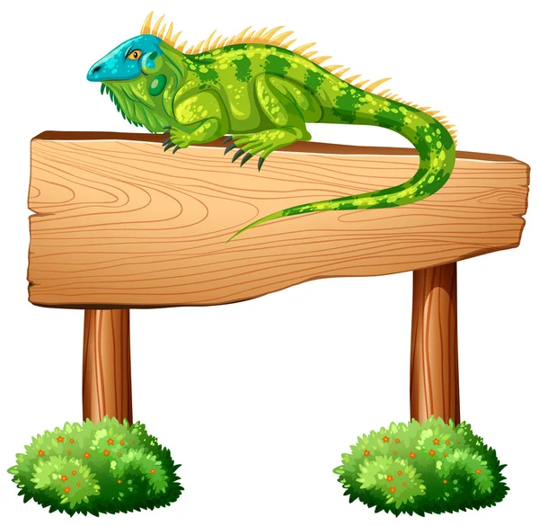 Iguana sentado en el letrero de madera — Vector de stock