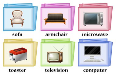 Word cards with objects in the house set clipart