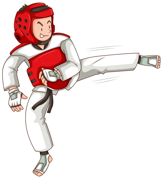 Hombre en traje taekwondo pateando — Vector de stock