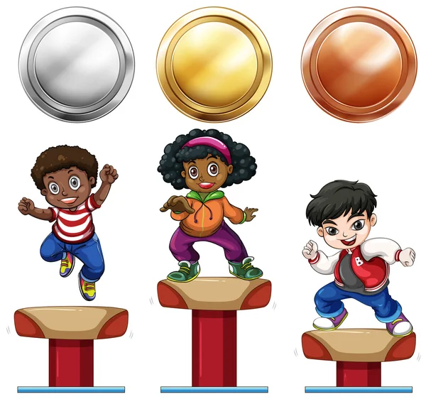 Sport medals and children on balance bar — Stock Vector