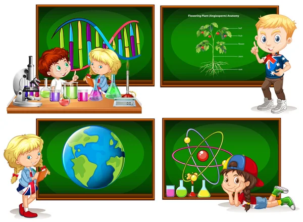 Crianças e diferentes disciplinas escolares —  Vetores de Stock