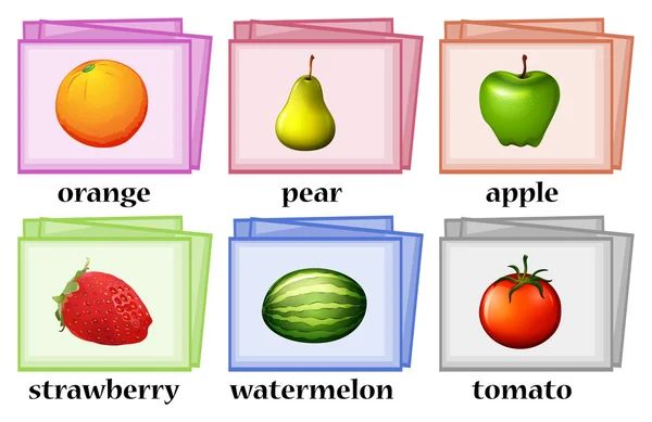 Tarjetas de palabras para frutas y verduras — Vector de stock