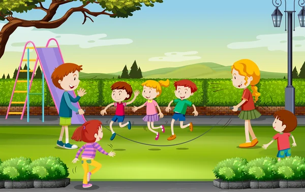 Crianças pulando corda no parque — Vetor de Stock
