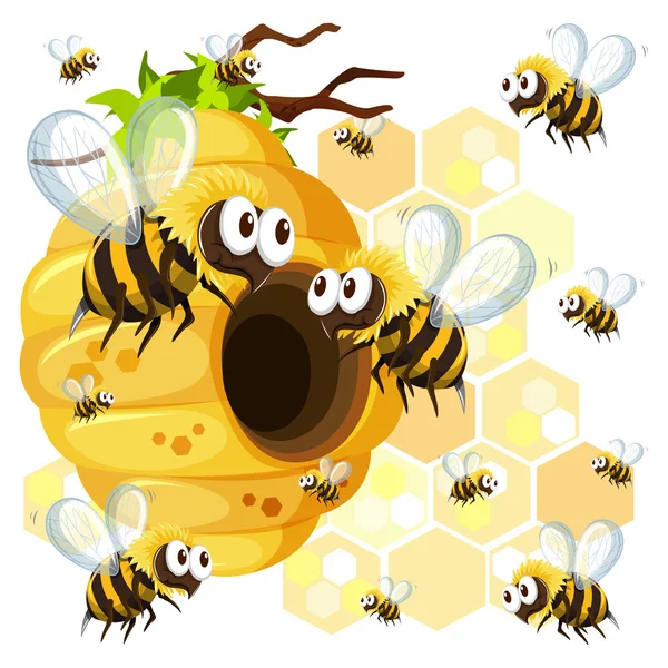 Les abeilles volent autour de la ruche — Image vectorielle