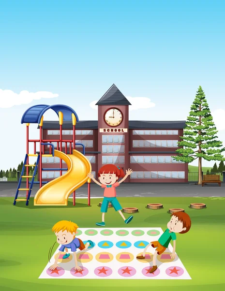 Niños jugando twister en el césped de la escuela — Vector de stock