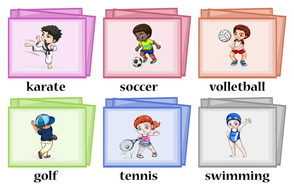 Wordcards over de verschillende sporten — Stockvector