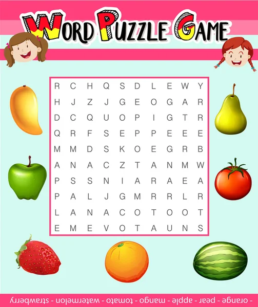 Plantilla de juego de puzzle de palabra con tema de fruta — Vector de stock