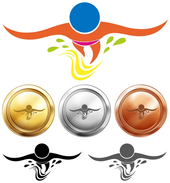 Icono de natación y medallas deportivas — Vector de stock