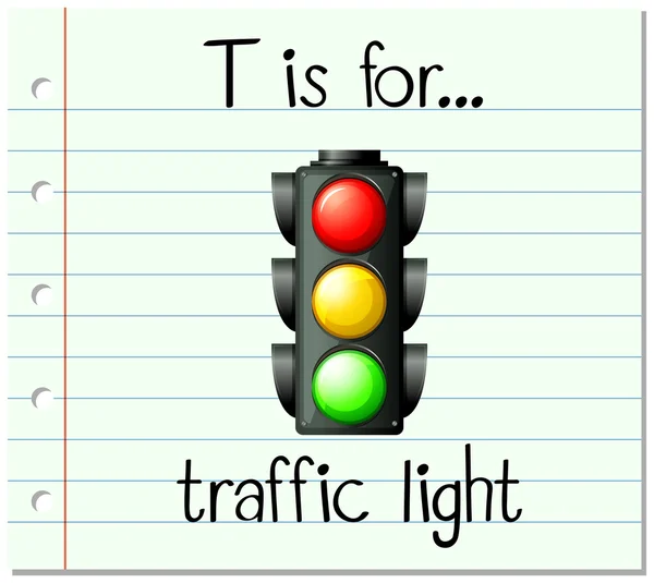 Flashcard bokstaven T är för trafikljus — Stock vektor