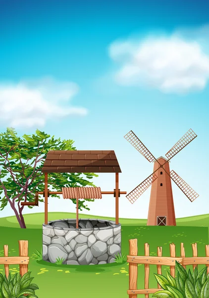 Escena con molino de viento y pozo en la granja — Vector de stock