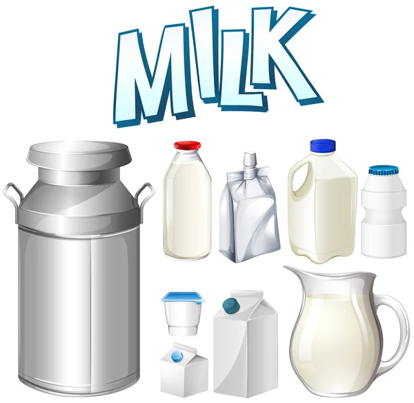 Conjunto de leche fresca en diferentes recipientes — Vector de stock