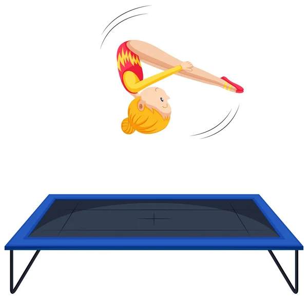 Mujer atleta haciendo gimnasia en trampolín — Vector de stock