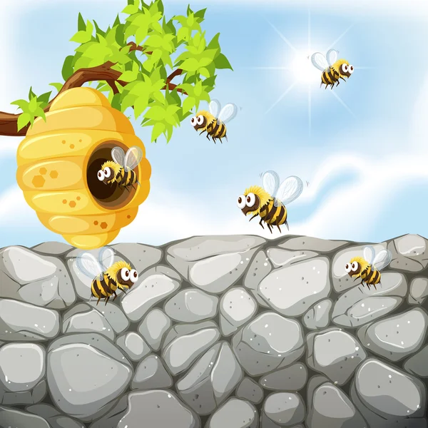 Bienen fliegen um den Bienenstock — Stockvektor