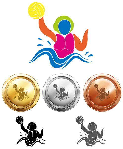 Icono del waterpolo y medallas deportivas — Archivo Imágenes Vectoriales