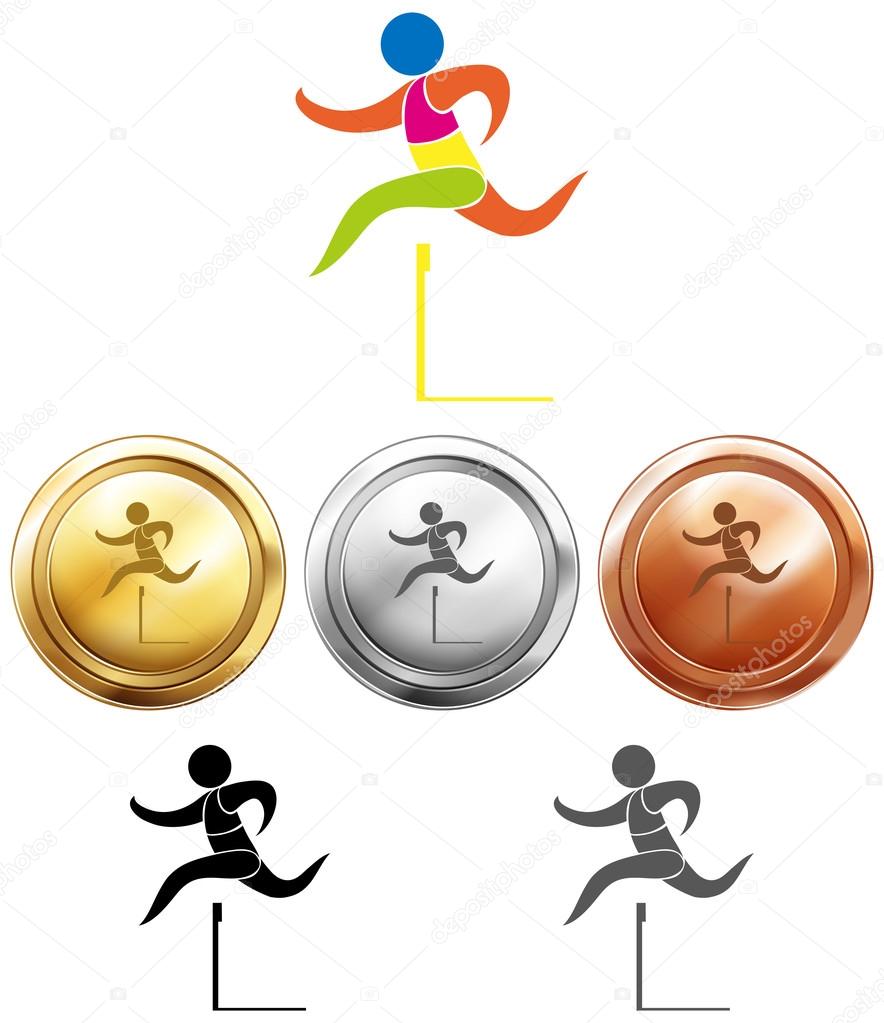 Hurdle running icon and sport medals