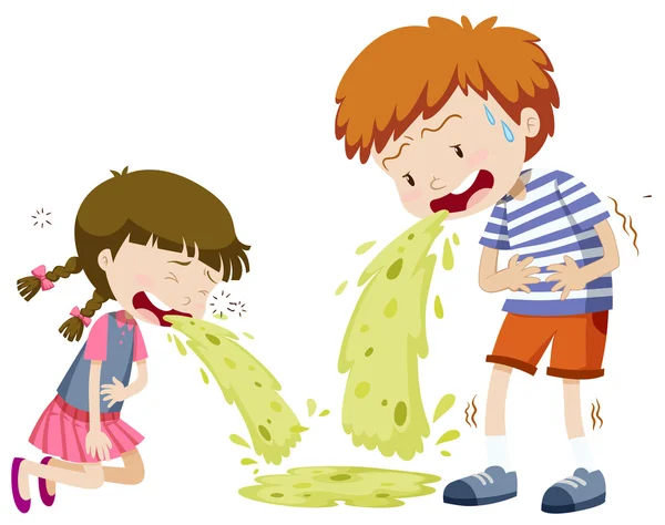 Niño y niña vomitando — Vector de stock