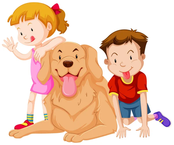 两个孩子与他们的宠物狗 — 图库矢量图片