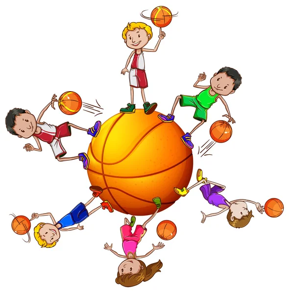 Jongens en meisje spelen basketbal — Stockvector