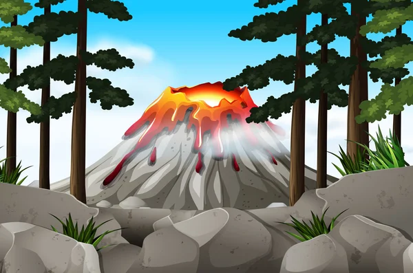 Escena natural con volcán y bosque — Vector de stock