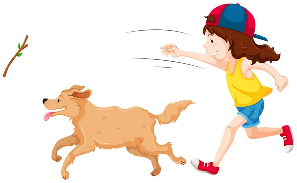 Meisje gooien stick en hond vangen — Stockvector