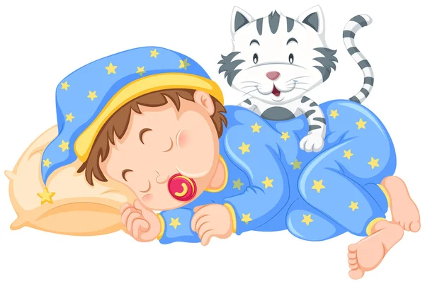 Boy sleeping with little cat — Stock Vector