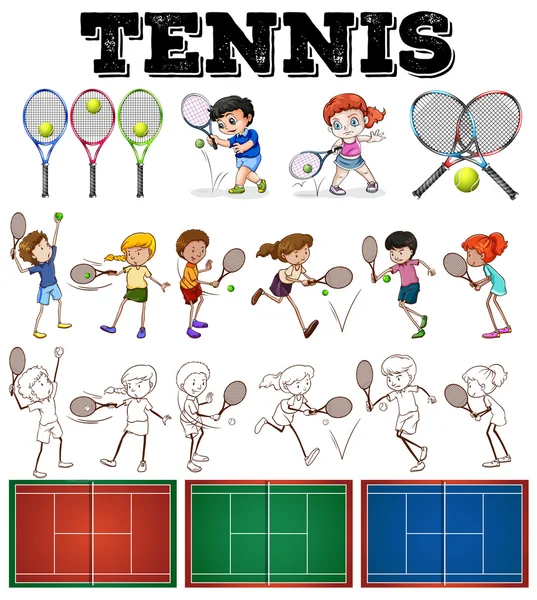 Комплект тенниса с игроками и оборудованием — стоковый вектор