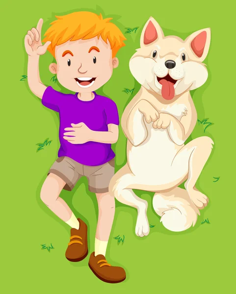 Jongen en huisdier hond in het park — Stockvector
