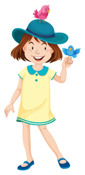 Petite fille en robe jaune et chapeau bleu — Image vectorielle