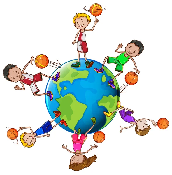 Giocatori di basket con palla in tutto il mondo — Vettoriale Stock