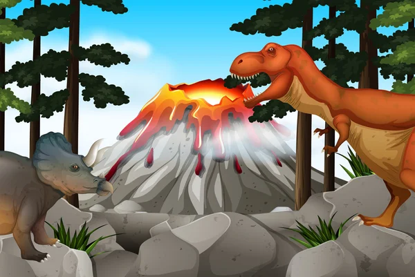 공룡 및 화산 장면 — 스톡 벡터