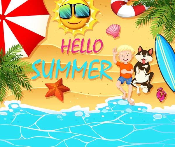 Tema de verão com menino e cachorro na praia —  Vetores de Stock